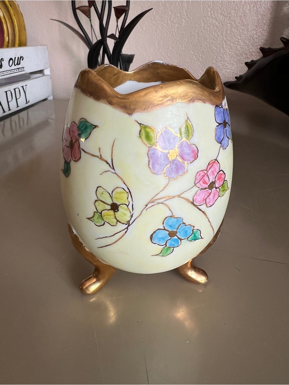 Hand-Painted Floral Ceramic Vase with Gold Trim